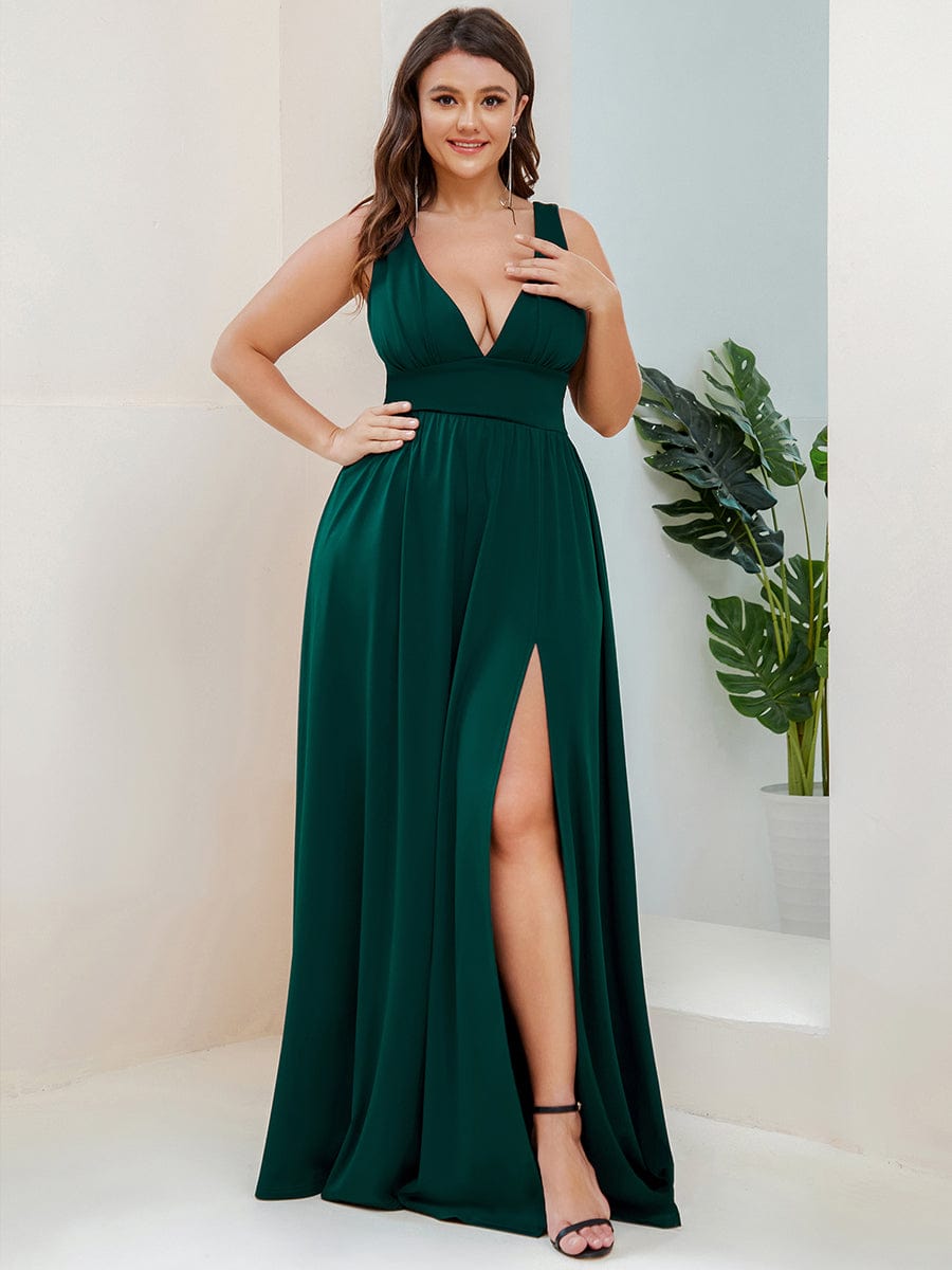 Evening Elegance Plus Size V-Neck Empire Waist High Slit Dress