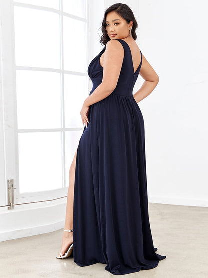 Evening Elegance Plus Size V-Neck Empire Waist High Slit Dress