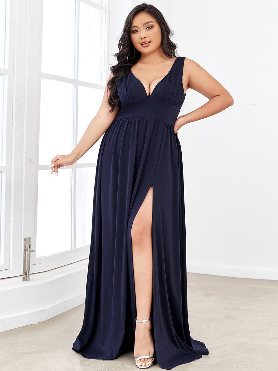 Evening Elegance Plus Size V-Neck Empire Waist High Slit Dress