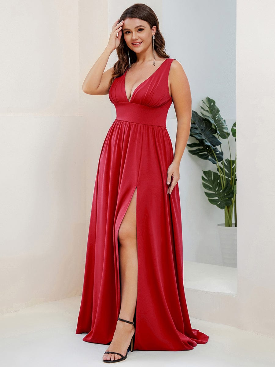 Evening Elegance Plus Size V-Neck Empire Waist High Slit Dress