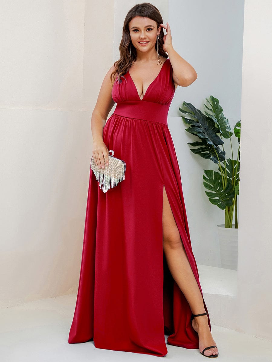 Evening Elegance Plus Size V-Neck Empire Waist High Slit Dress