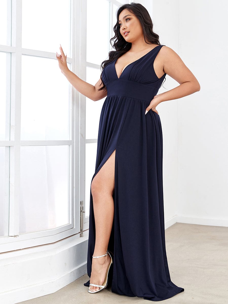 Evening Elegance Plus Size V-Neck Empire Waist High Slit Dress