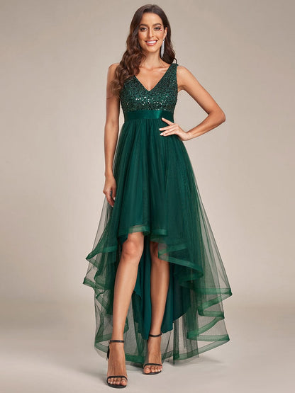 Evening Elegance: Sleeveless Sparkling Dress with Deep V Neck & Asymmetrical Hem