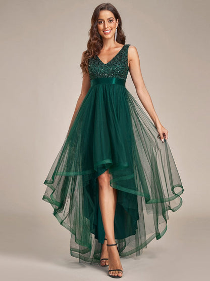 Evening Elegance: Sleeveless Sparkling Dress with Deep V Neck & Asymmetrical Hem