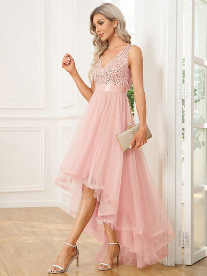 Evening Elegance: Sleeveless Sparkling Dress with Deep V Neck & Asymmetrical Hem