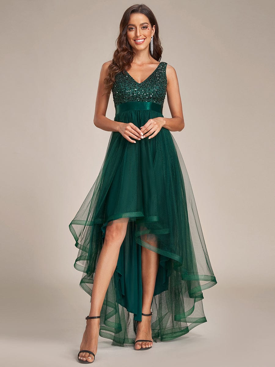 Evening Elegance: Sleeveless Sparkling Dress with Deep V Neck & Asymmetrical Hem