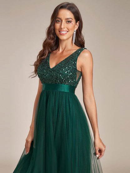 Evening Elegance: Sleeveless Sparkling Dress with Deep V Neck & Asymmetrical Hem