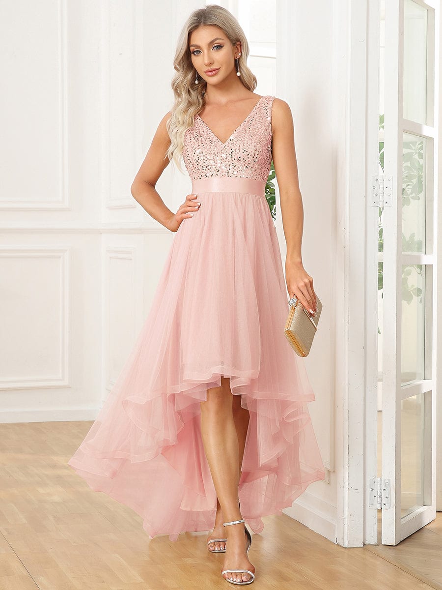 Evening Elegance: Sleeveless Sparkling Dress with Deep V Neck & Asymmetrical Hem