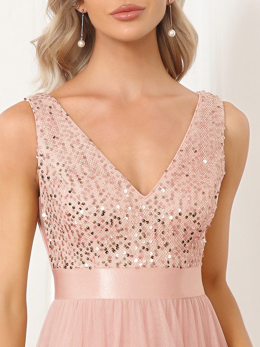Evening Elegance: Sleeveless Sparkling Dress with Deep V Neck & Asymmetrical Hem