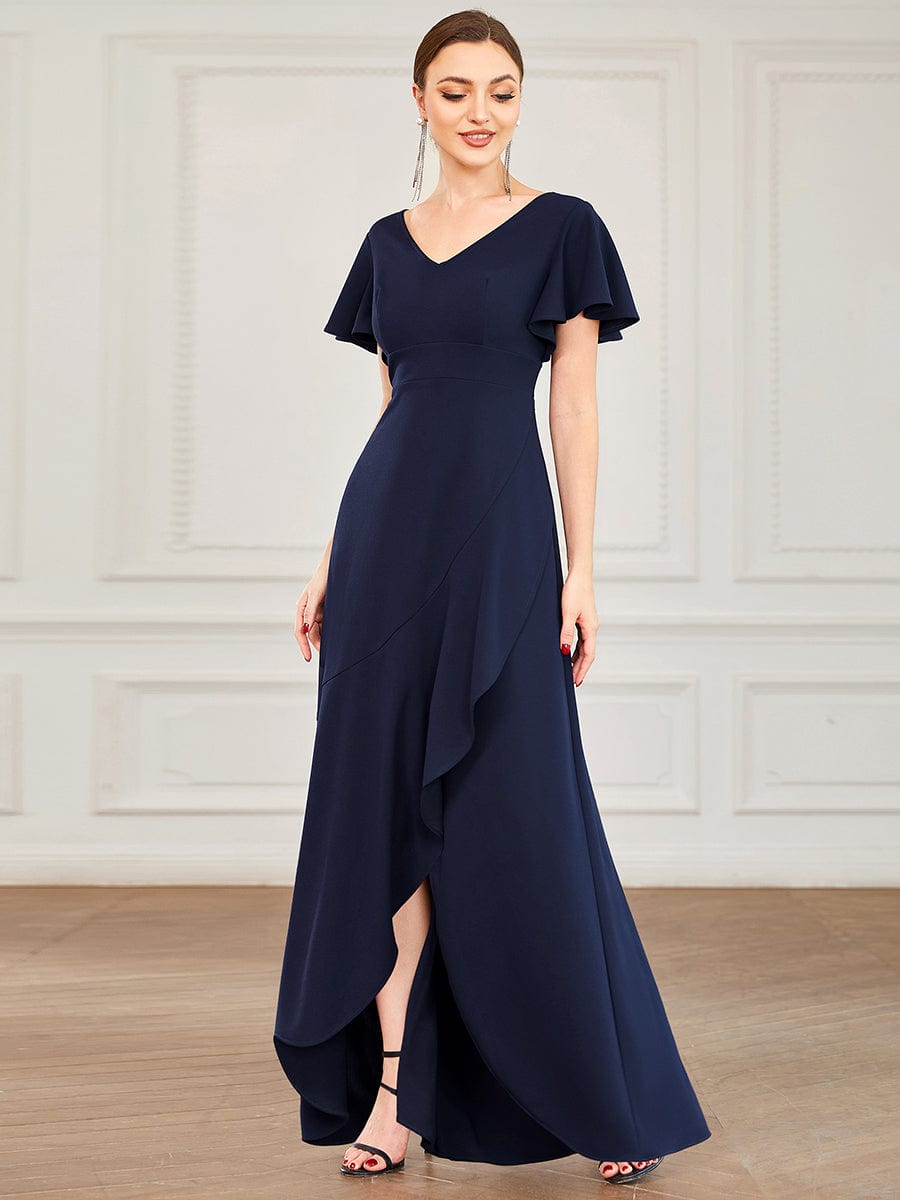 Evening Glamour Deep V-Neck Ruffled Sleeves A-Line Dress