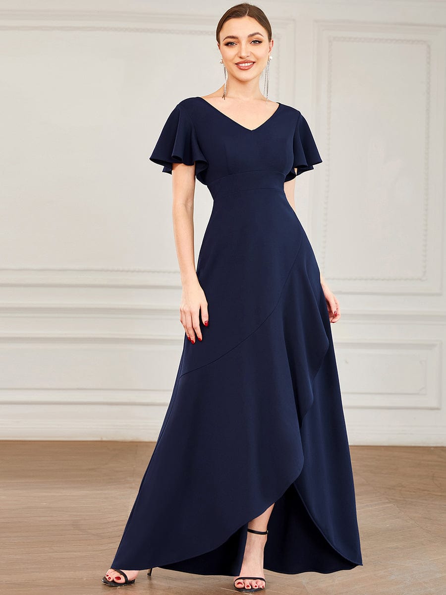 Evening Glamour Deep V-Neck Ruffled Sleeves A-Line Dress