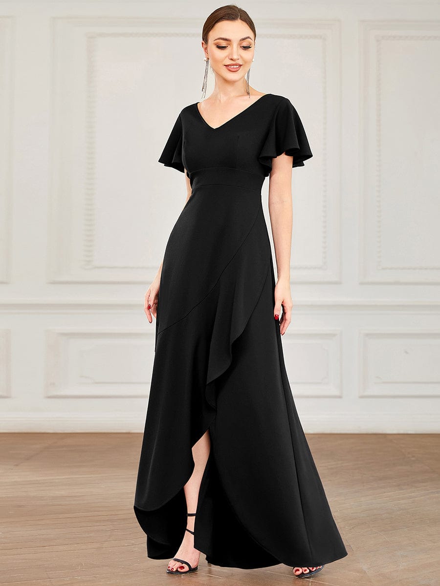 Evening Glamour Deep V-Neck Ruffled Sleeves A-Line Dress