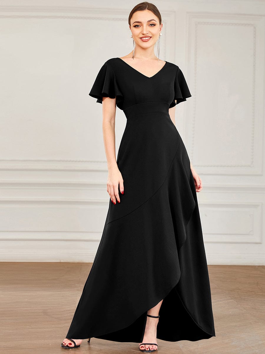 Evening Glamour Deep V-Neck Ruffled Sleeves A-Line Dress