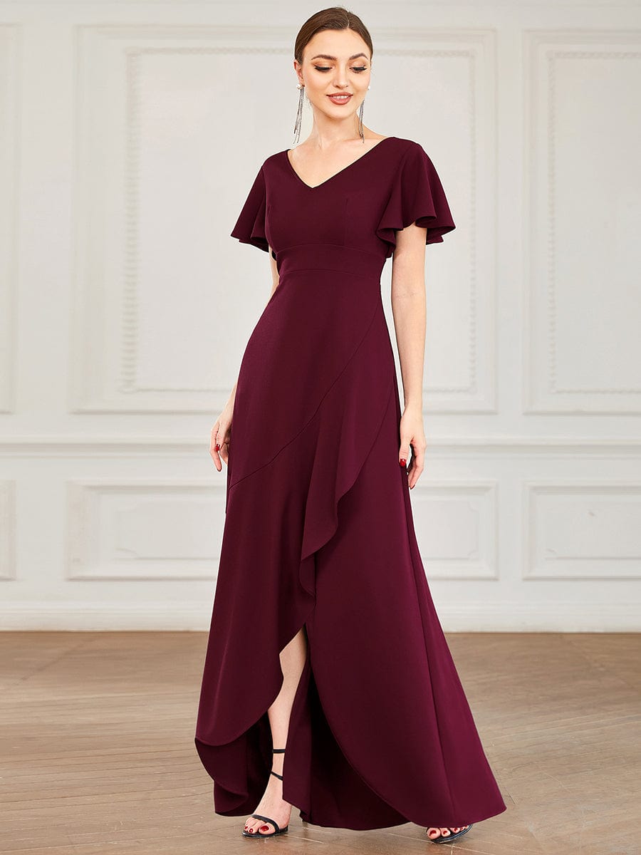 Evening Glamour Deep V-Neck Ruffled Sleeves A-Line Dress