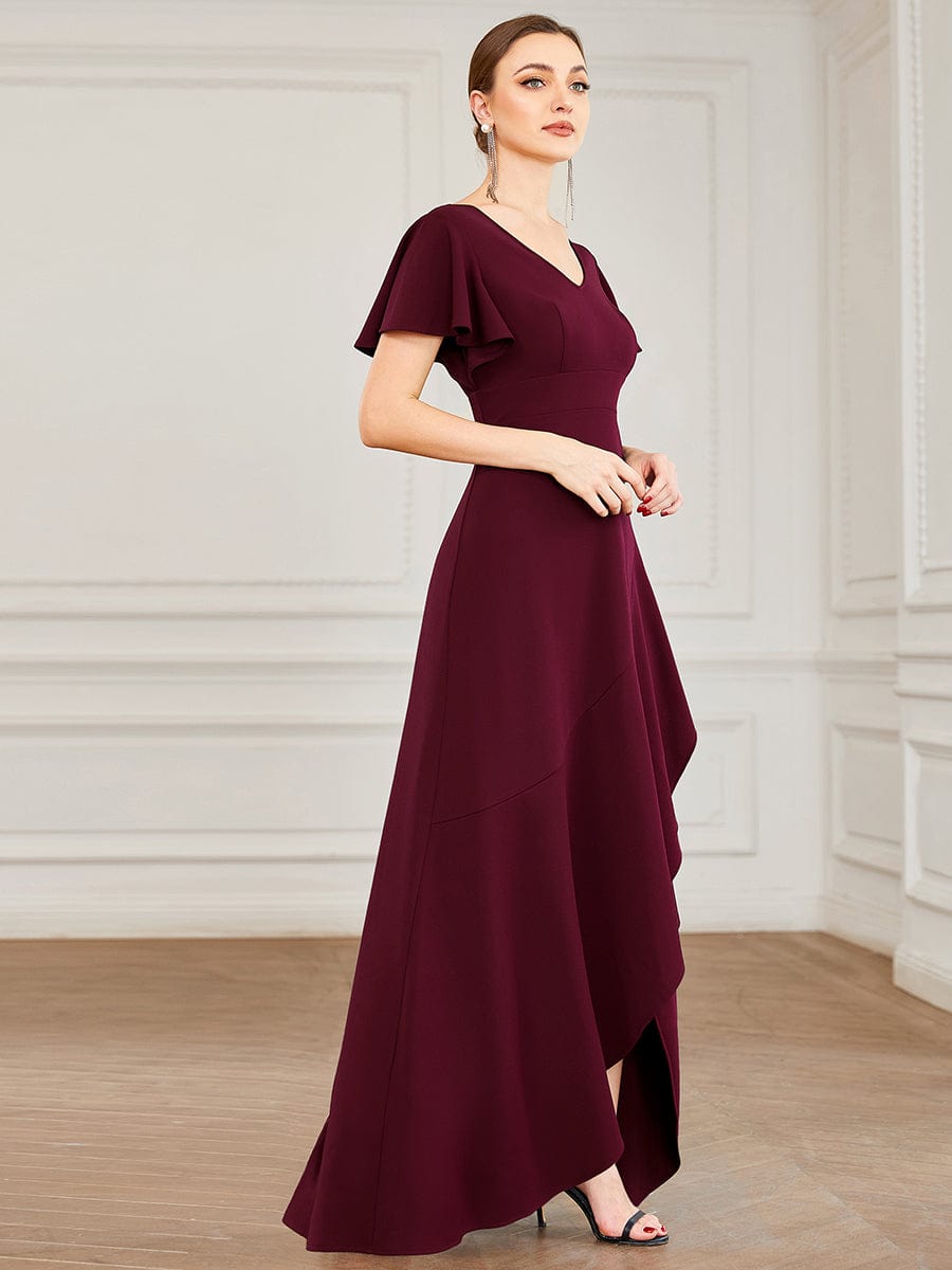 Evening Glamour Deep V-Neck Ruffled Sleeves A-Line Dress