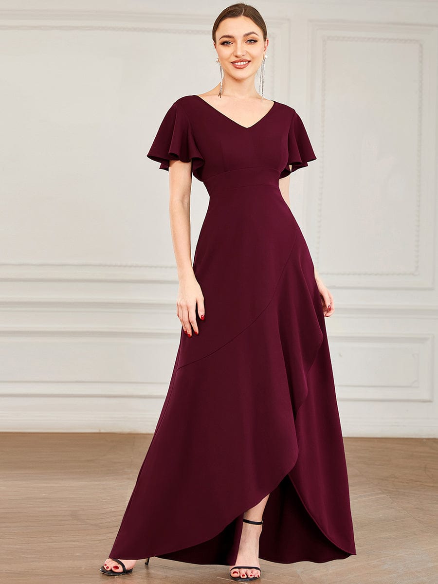 Evening Glamour Deep V-Neck Ruffled Sleeves A-Line Dress