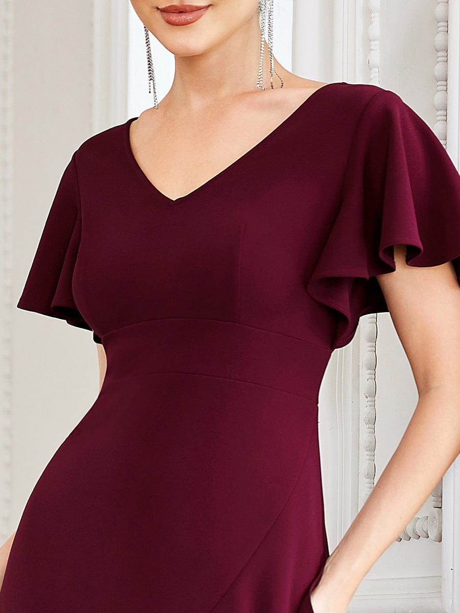 Evening Glamour Deep V-Neck Ruffled Sleeves A-Line Dress