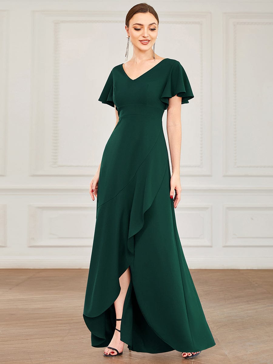 Evening Glamour Deep V-Neck Ruffled Sleeves A-Line Dress