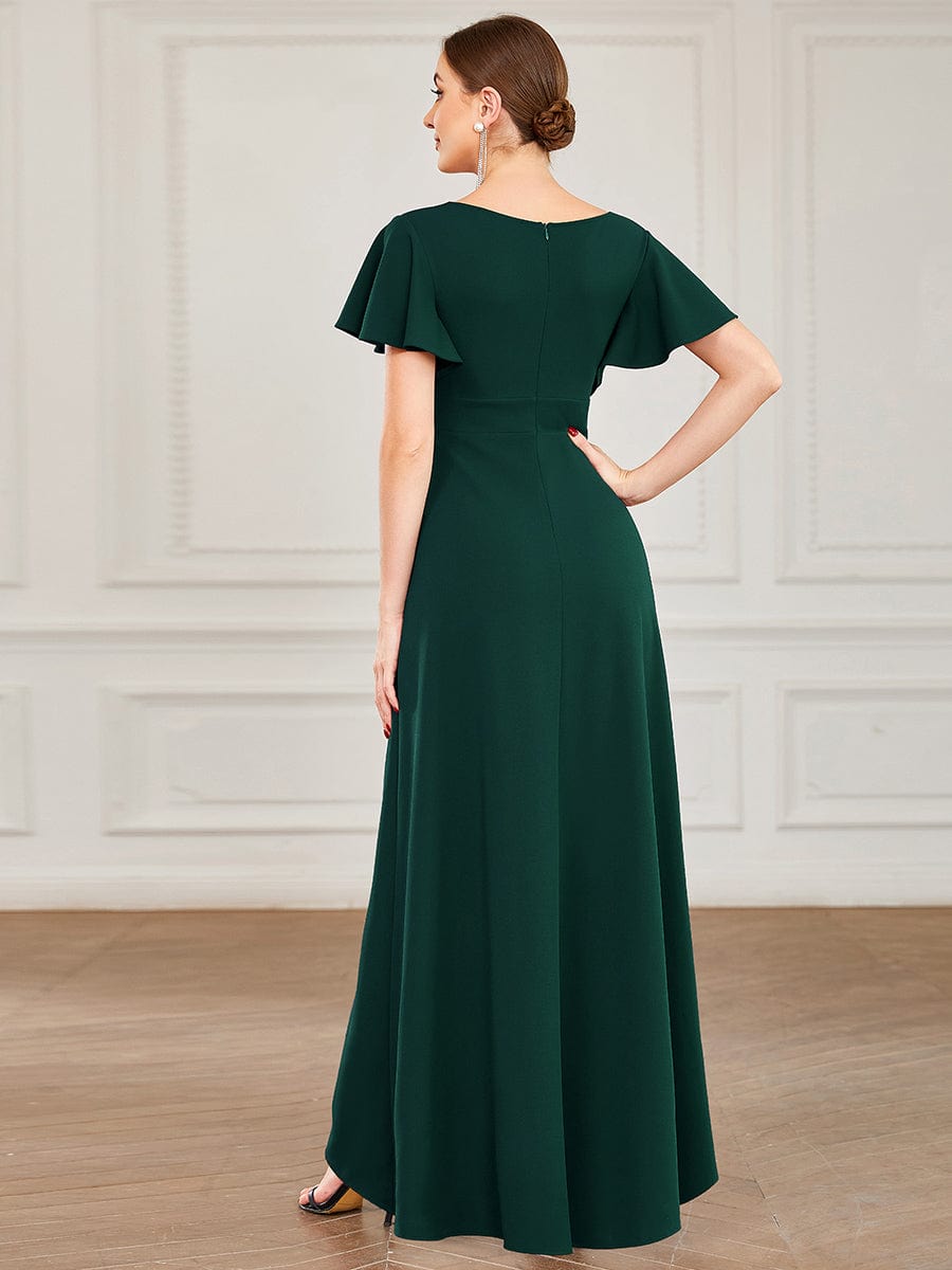 Evening Glamour Deep V-Neck Ruffled Sleeves A-Line Dress