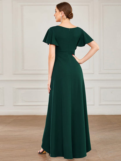 Evening Glamour Deep V-Neck Ruffled Sleeves A-Line Dress