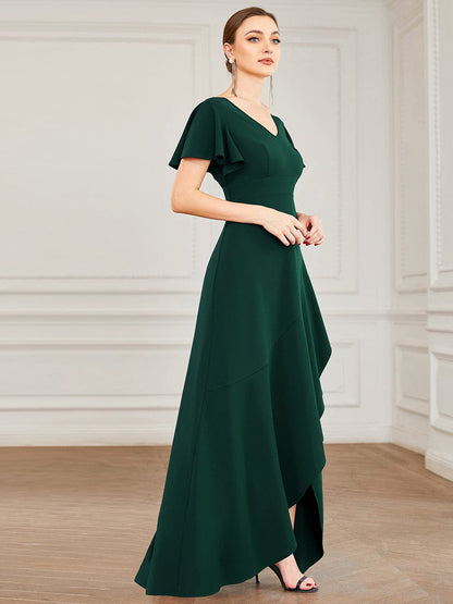 Evening Glamour Deep V-Neck Ruffled Sleeves A-Line Dress