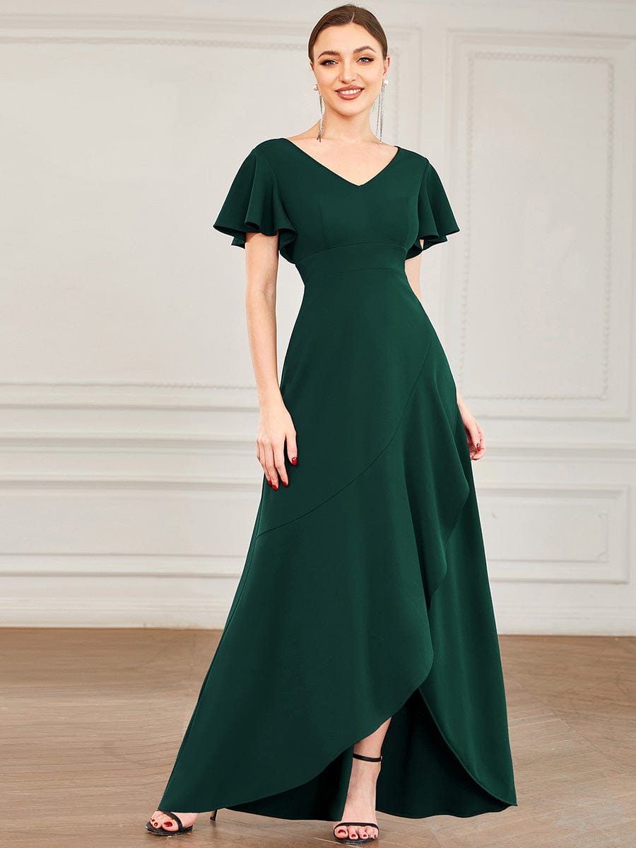 Evening Glamour Deep V-Neck Ruffled Sleeves A-Line Dress