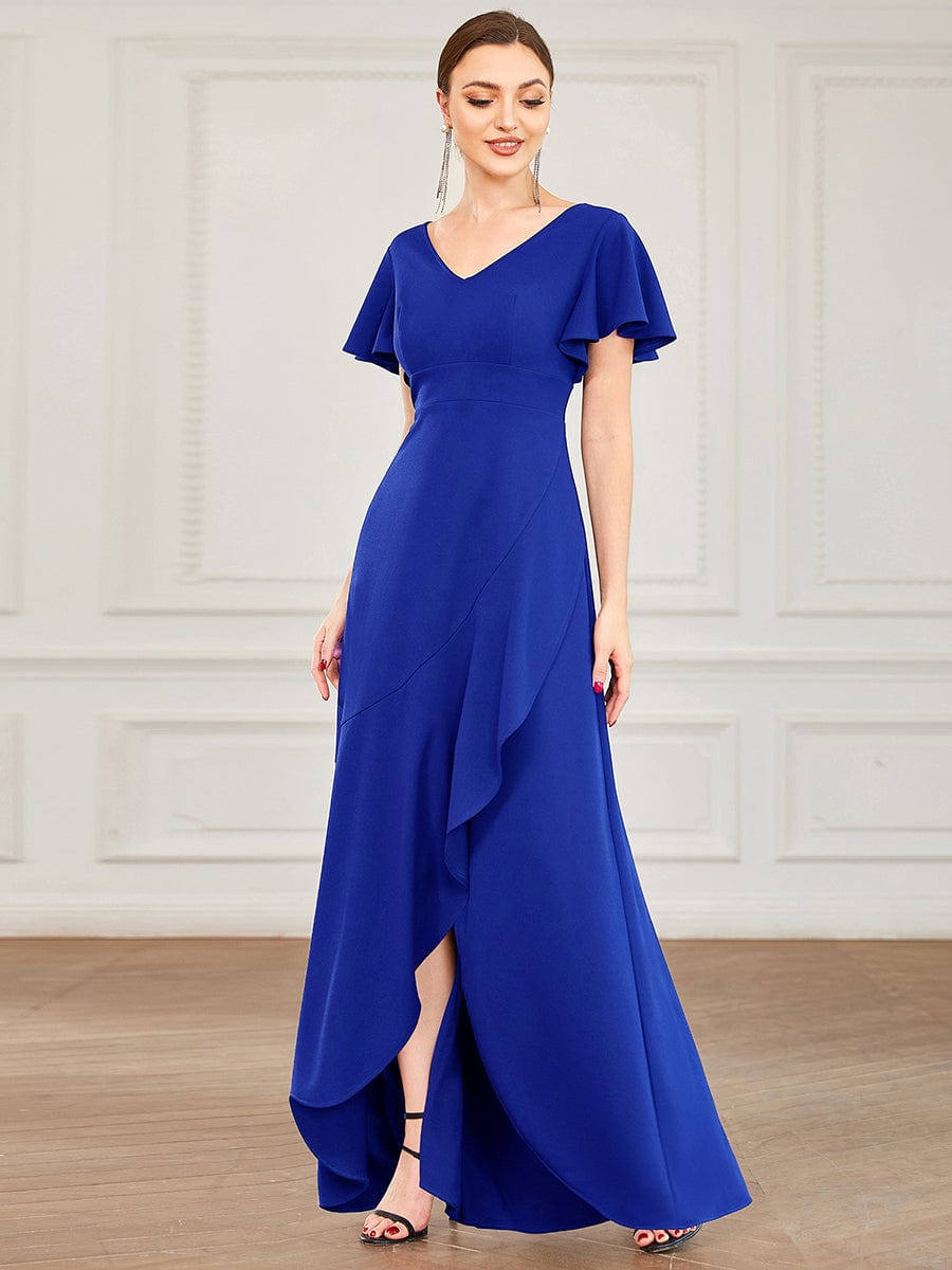 Evening Glamour Deep V-Neck Ruffled Sleeves A-Line Dress