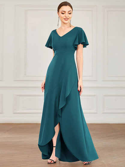 Evening Glamour Deep V-Neck Ruffled Sleeves A-Line Dress