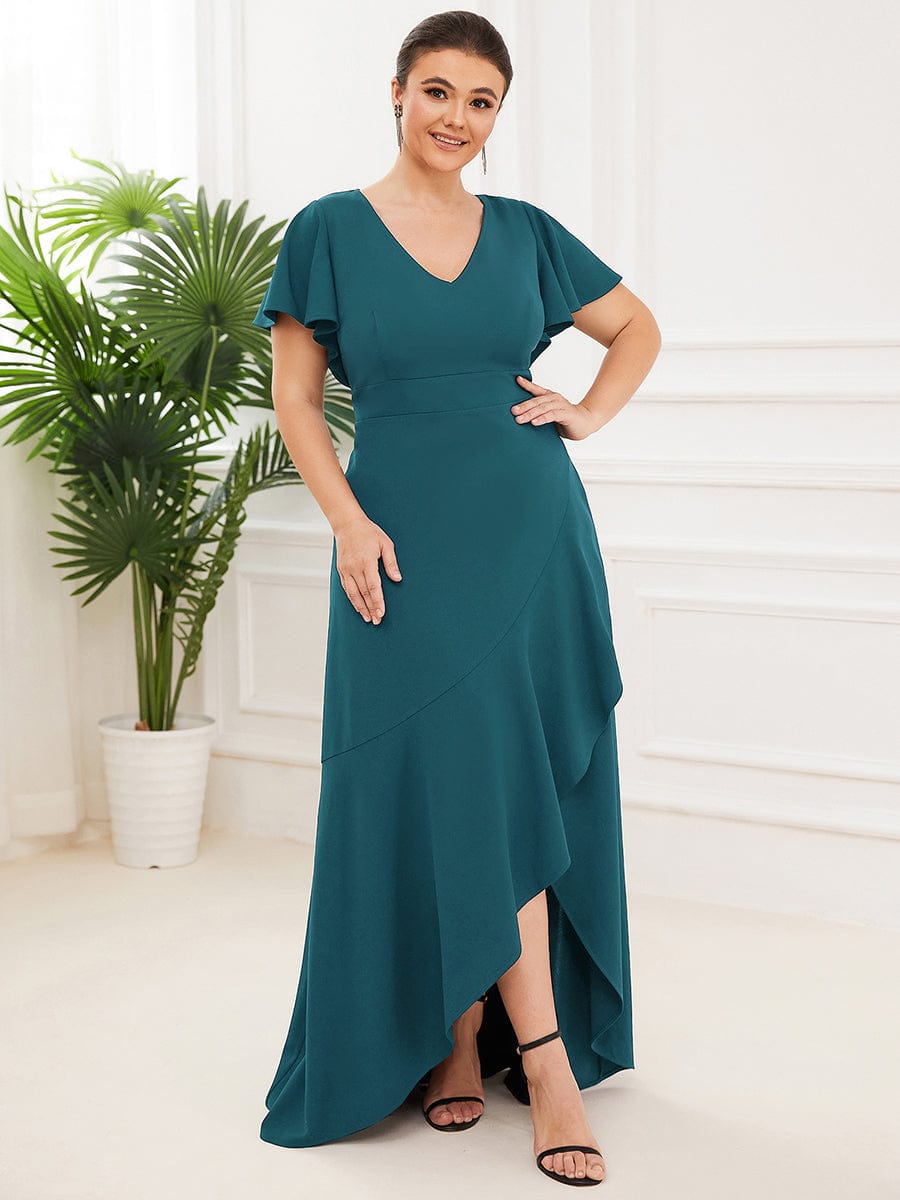 Evening Glamour Deep V-Neck Ruffled Sleeves A-Line Dress