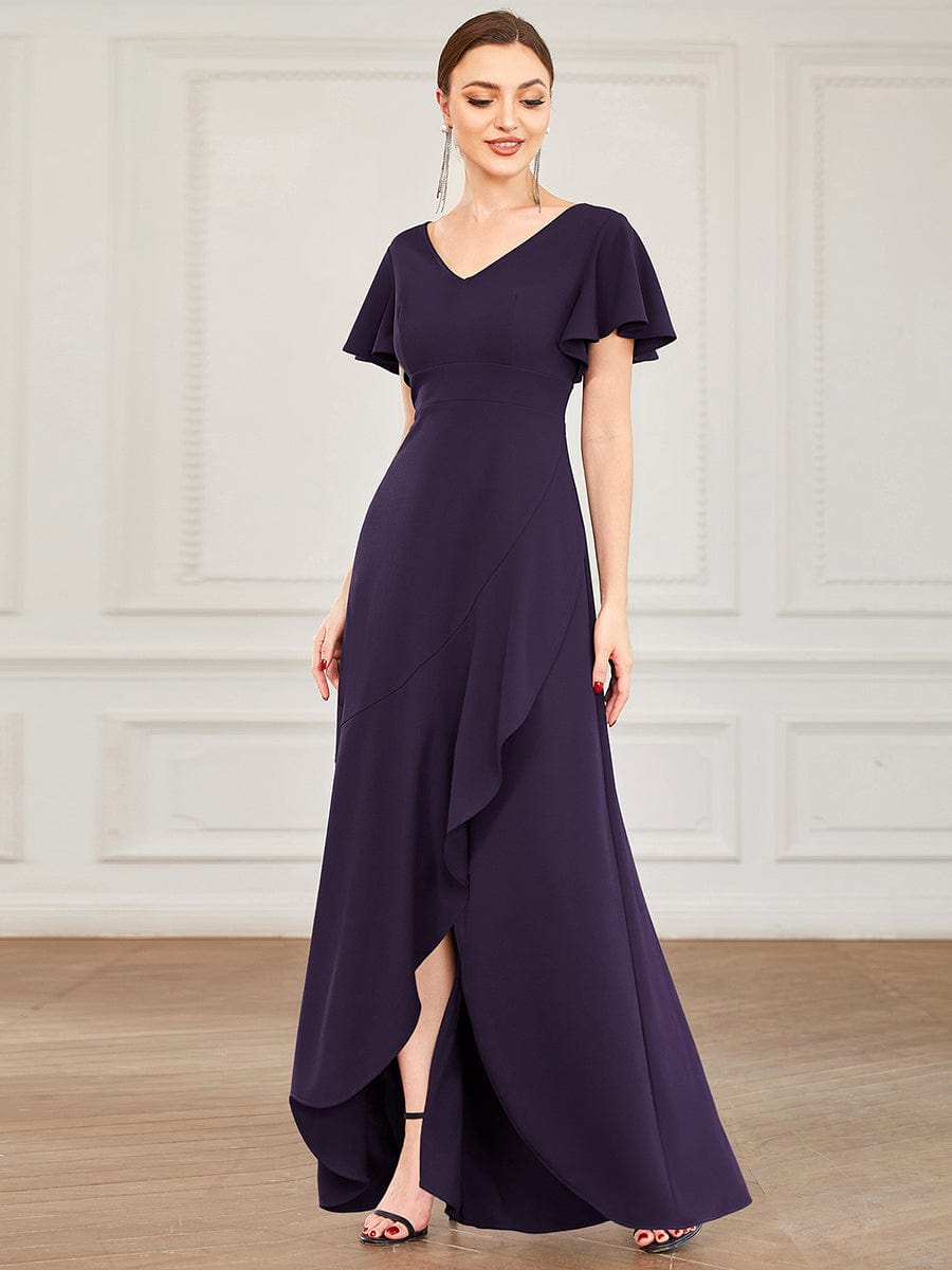 Evening Glamour Deep V-Neck Ruffled Sleeves A-Line Dress