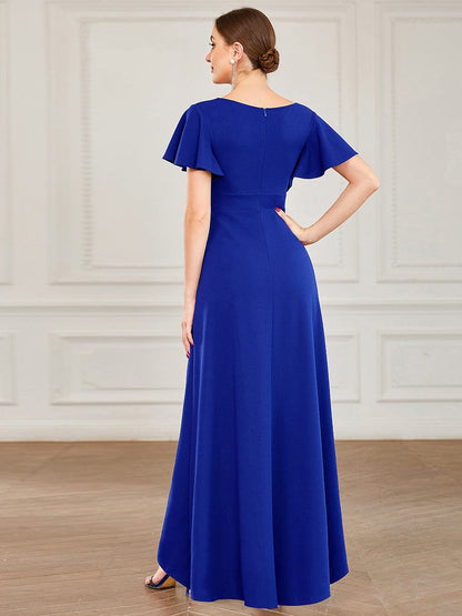 Evening Glamour Deep V-Neck Ruffled Sleeves A-Line Dress