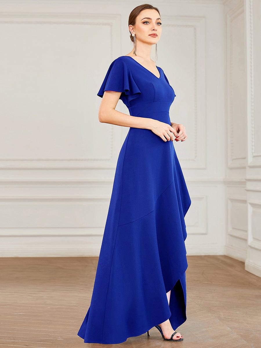 Evening Glamour Deep V-Neck Ruffled Sleeves A-Line Dress