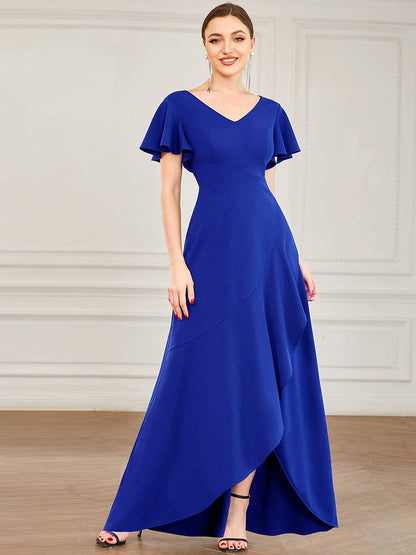 Evening Glamour Deep V-Neck Ruffled Sleeves A-Line Dress
