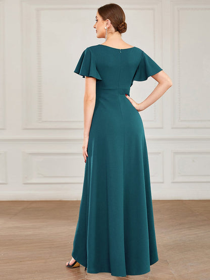 Evening Glamour Deep V-Neck Ruffled Sleeves A-Line Dress