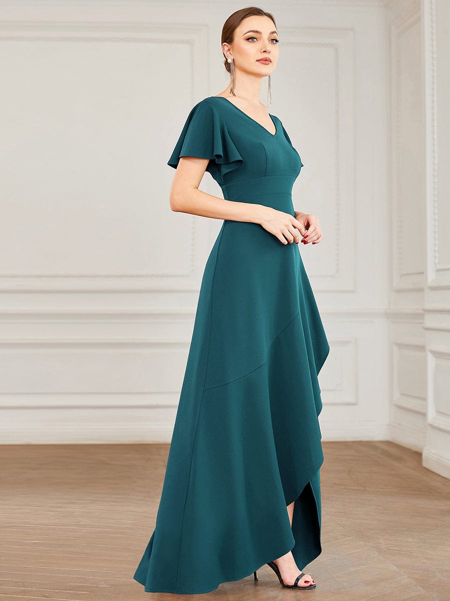 Evening Glamour Deep V-Neck Ruffled Sleeves A-Line Dress