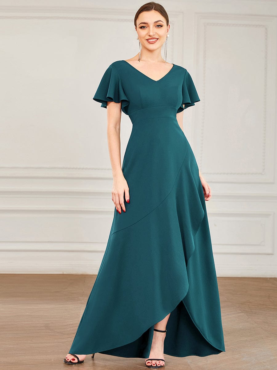 Evening Glamour Deep V-Neck Ruffled Sleeves A-Line Dress