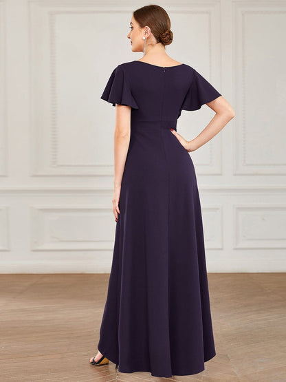 Evening Glamour Deep V-Neck Ruffled Sleeves A-Line Dress