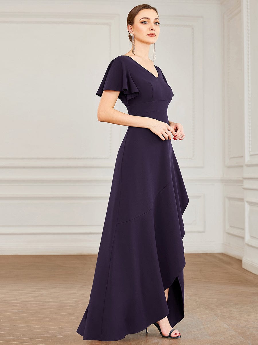 Evening Glamour Deep V-Neck Ruffled Sleeves A-Line Dress