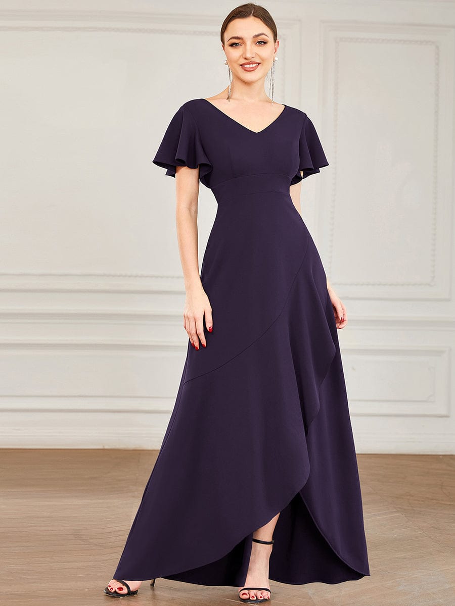 Evening Glamour Deep V-Neck Ruffled Sleeves A-Line Dress