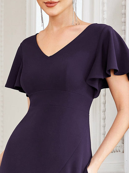 Evening Glamour Deep V-Neck Ruffled Sleeves A-Line Dress