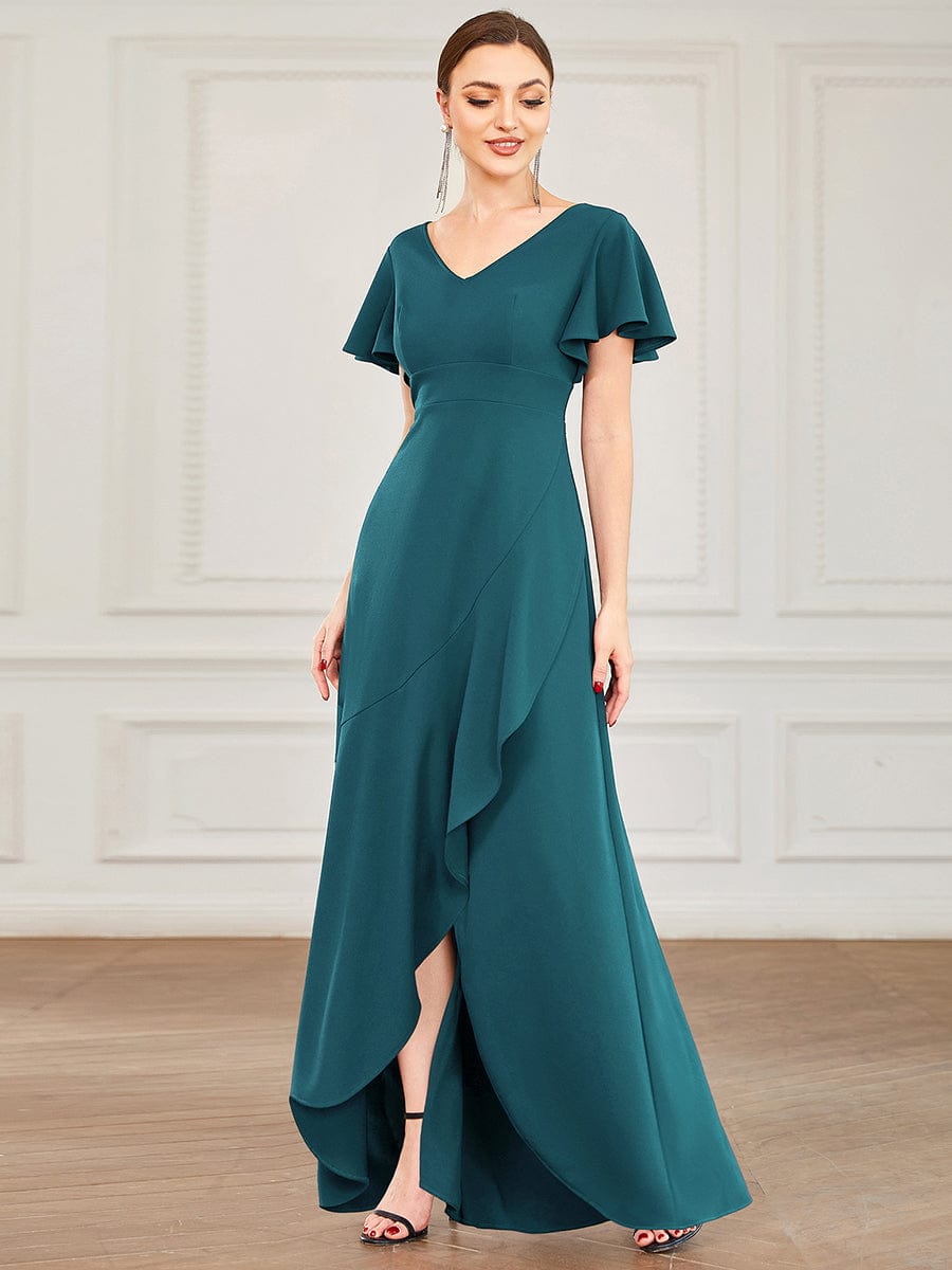 Evening Glamour Deep V-Neck Ruffled Sleeves A-Line Dress
