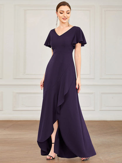 Evening Glamour Deep V-Neck Ruffled Sleeves A-Line Dress