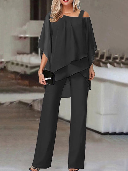 Jumpsuits for Women Summer Dressy Button Solid Color Cold Shoulder Business Party Office Elegant Straight Regular Fit Half Sleeve Cold Shoulder Black White Red S M L Summer - LuckyFash™