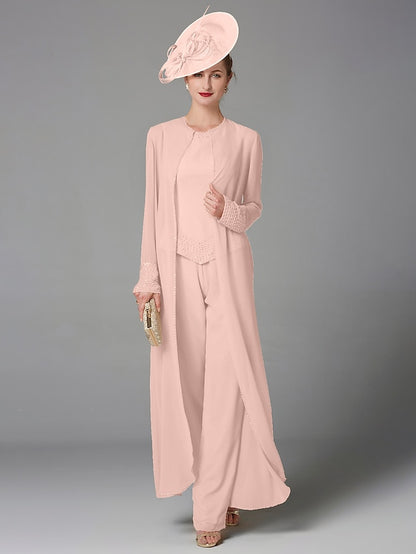 Jumpsuit / Pantsuit 3 Piece Mother of the Bride Dress Formal Plus Size Elegant Wrap Included Bateau Neck Floor Length Chiffon Sleeveless with Beading Appliques 2023 - LuckyFash™