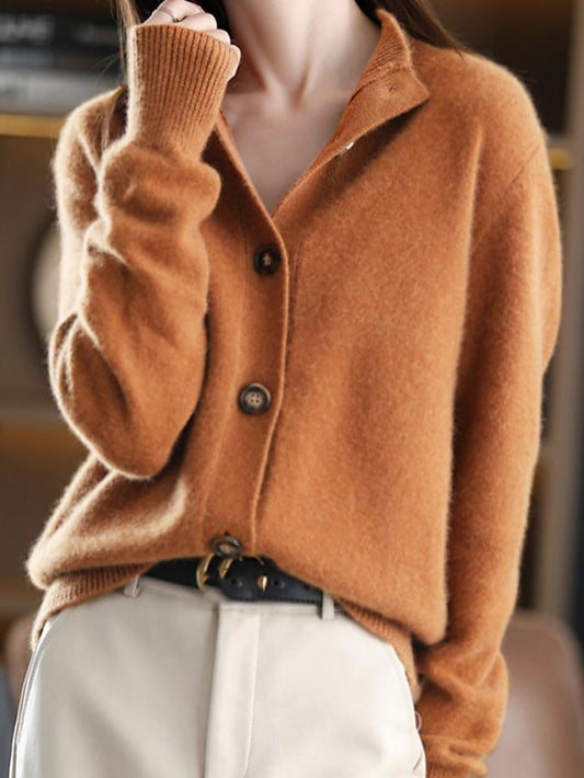 Women's Cardigan Sweater Stand Collar Knit Acrylic Button Knitted Fall Winter Outdoor Home Daily Stylish Basic Casual Long Sleeve Pure Color Camel Brown Beige One-Size S M