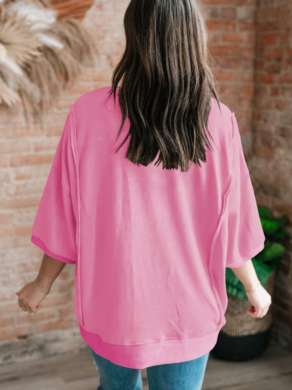 Exposed Seam Pink Split Loose T-Shirt with Chest Pocket