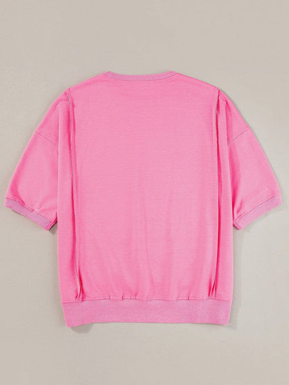 Exposed Seam Pink Split Loose T-Shirt with Chest Pocket