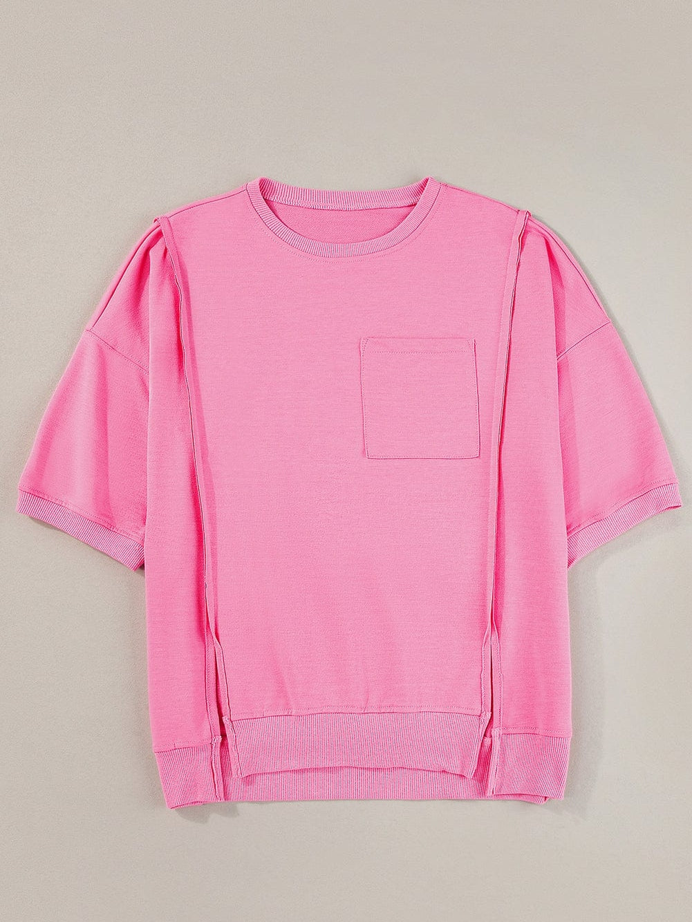 Exposed Seam Pink Split Loose T-Shirt with Chest Pocket