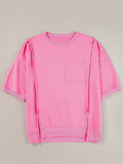 Exposed Seam Pink Split Loose T-Shirt with Chest Pocket