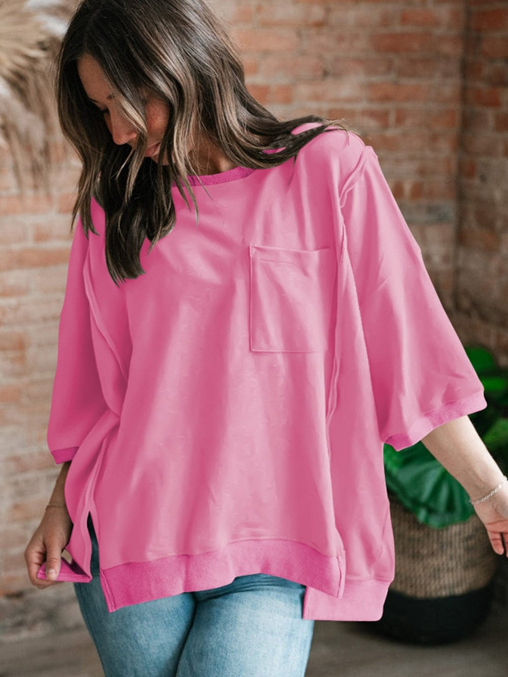 Exposed Seam Pink Split Loose T-Shirt with Chest Pocket